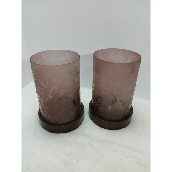 ​Pair Elements Mauve Frosted Etched Floral Glass Candle Holders Wood Base - Picture 2 of 6